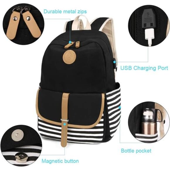 Large Capacity Stripe Backpack with USB Charger Port for Teen Girls‎ & Women - Picture 6 of 7